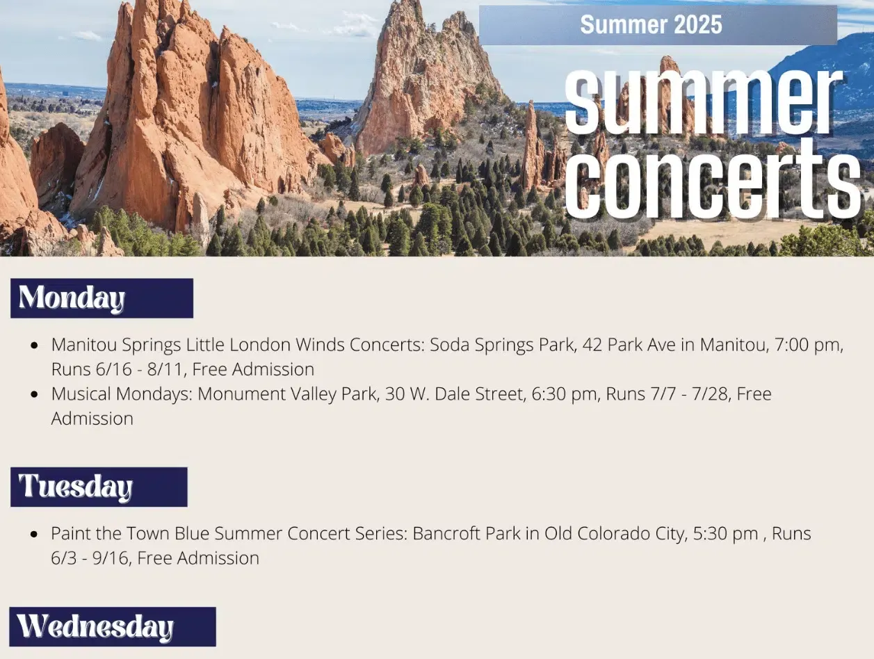 Colorado Springs summer concerts, live music in Colorado Springs, Ford Amphitheatre Colorado Springs, free outdoor concerts, Colorado Springs music scene, Northgate Colorado Springs, 2025 Colorado Springs events, live bands Colorado Springs